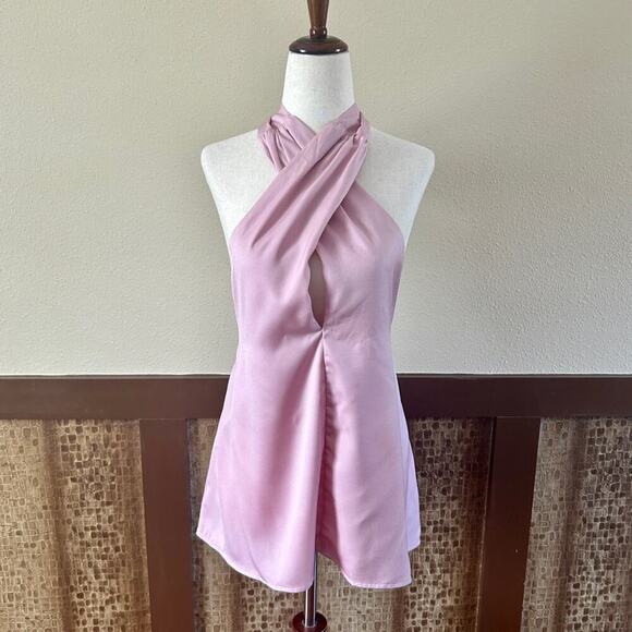 VICI Pink Satin Crossover Halter Tie Neck Blouse with Open Back Medium - NEW! - Picture 2 of 14